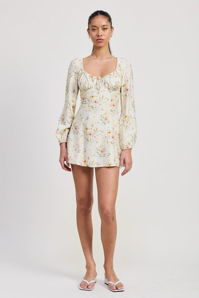 Floral Long Sleeve Sweetheart Neck Mini Dress