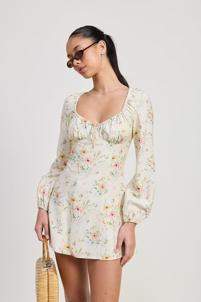 Floral Long Sleeve Sweetheart Neck Mini Dress