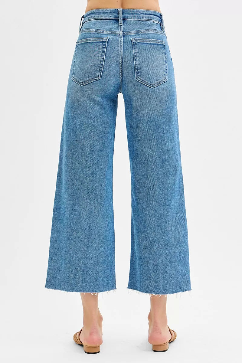RISEN Crop Wide Leg Jeans - Tummy Control Mid Rise Front Slit - Fashions Envy