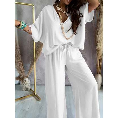 Two-Piece Lounge Set - V-Neck Top & Wide Leg Pants