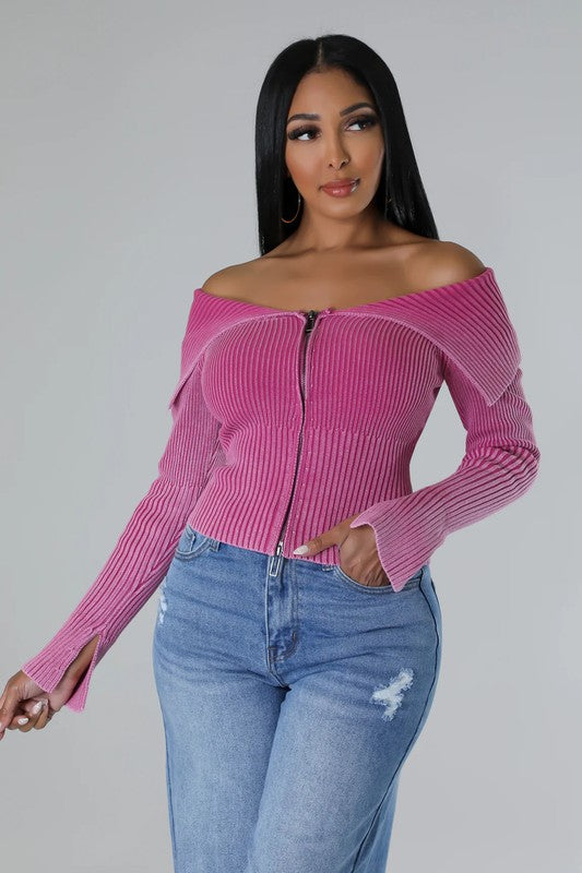 Bardot Off Shoulder Long Sleeve Zipper Up Top