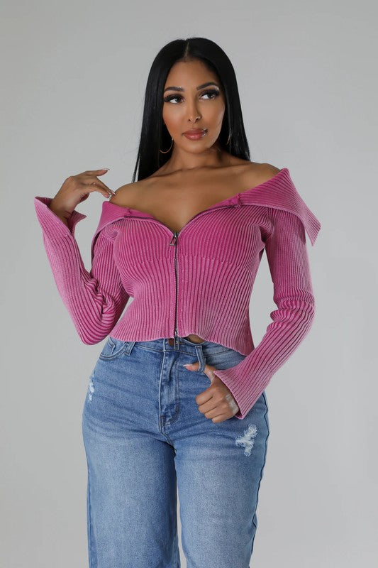 Bardot Off Shoulder Long Sleeve Zipper Up Top