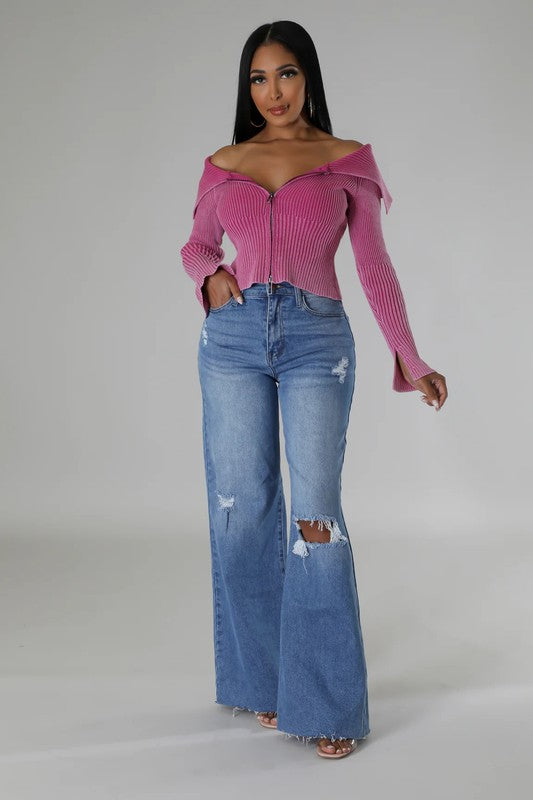 Bardot Off Shoulder Long Sleeve Zipper Up Top