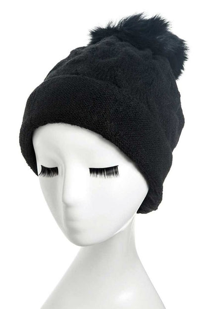 Cuffed Genuine Fur Pom Slouchy Beanie