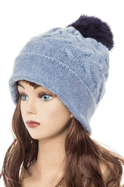 Cuffed Genuine Fur Pom Slouchy Beanie