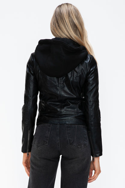 Black Faux Leather Zip Up Drawstring Hooded Jacket