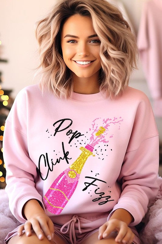 Faux Glitter Pop Clink Fizz Graphic Long Sleeve Sweatshirt