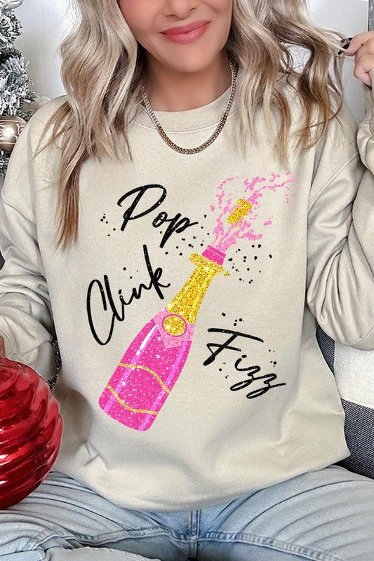 Faux Glitter Pop Clink Fizz Graphic Long Sleeve Sweatshirt