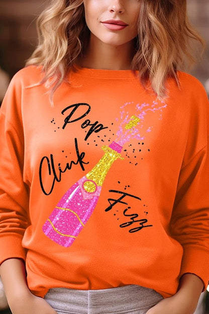 Faux Glitter Pop Clink Fizz Graphic Long Sleeve Sweatshirt