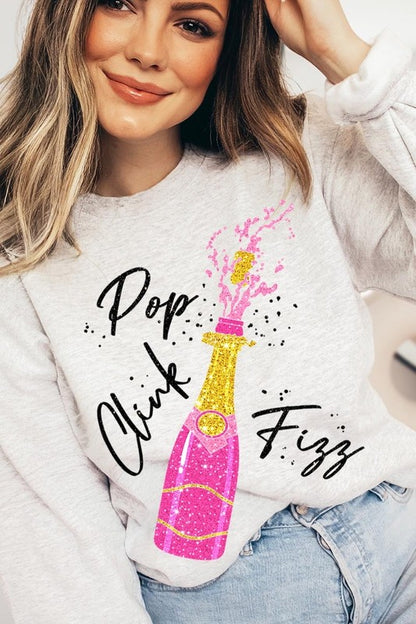 Faux Glitter Pop Clink Fizz Graphic Long Sleeve Sweatshirt