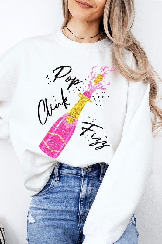 Faux Glitter Pop Clink Fizz Graphic Long Sleeve Sweatshirt