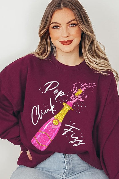 Faux Glitter Pop Clink Fizz Graphic Long Sleeve Sweatshirt