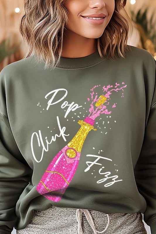 Faux Glitter Pop Clink Fizz Graphic Long Sleeve Sweatshirt