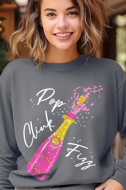 Faux Glitter Pop Clink Fizz Graphic Long Sleeve Sweatshirt