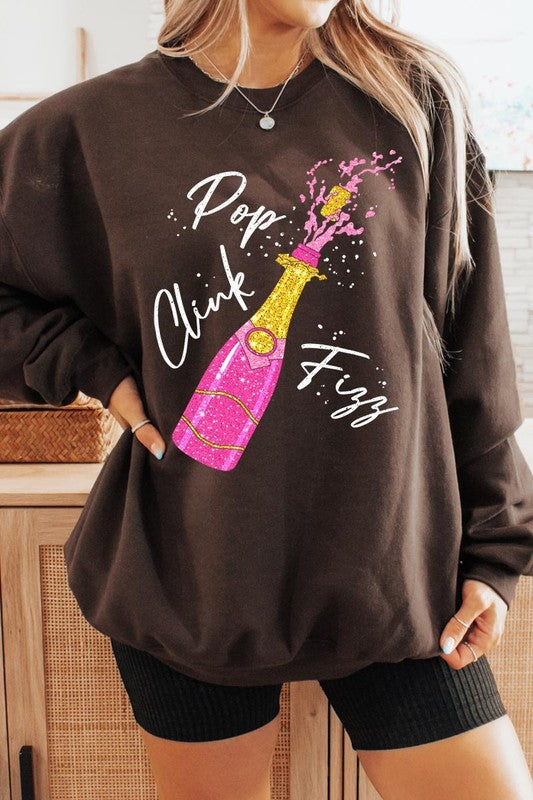 Faux Glitter Pop Clink Fizz Graphic Long Sleeve Sweatshirt