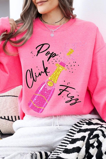 Faux Glitter Pop Clink Fizz Graphic Long Sleeve Sweatshirt