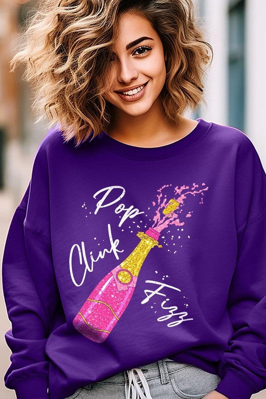 Faux Glitter Pop Clink Fizz Graphic Long Sleeve Sweatshirt