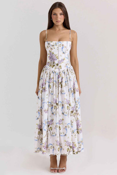 Floral Cami Maxi Dress - Cinched Waist A-Line Spaghetti Strap