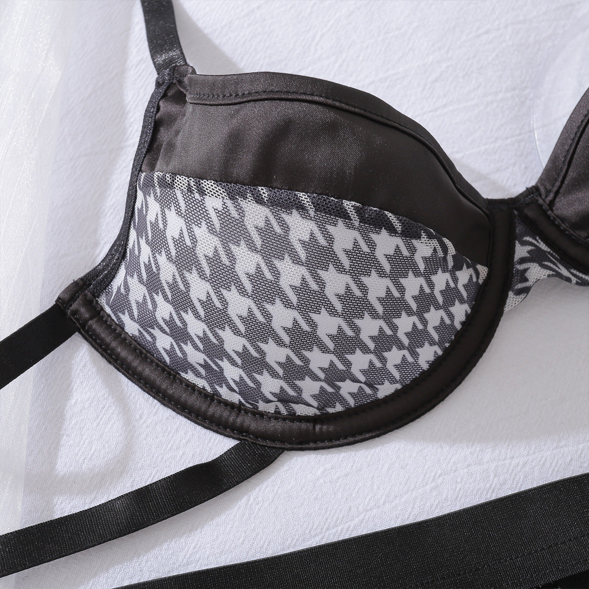 Black Lingerie Set - Four Piece Bra Garter Belt Stockings