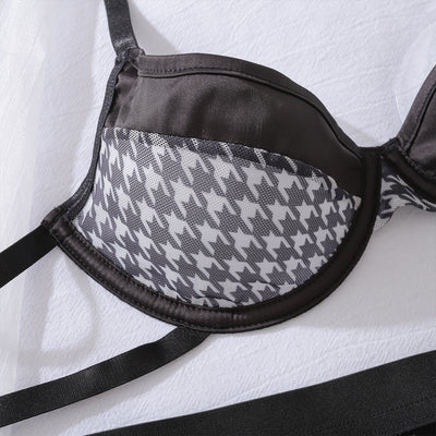 Black Lingerie Set - Four Piece Bra Garter Belt Stockings