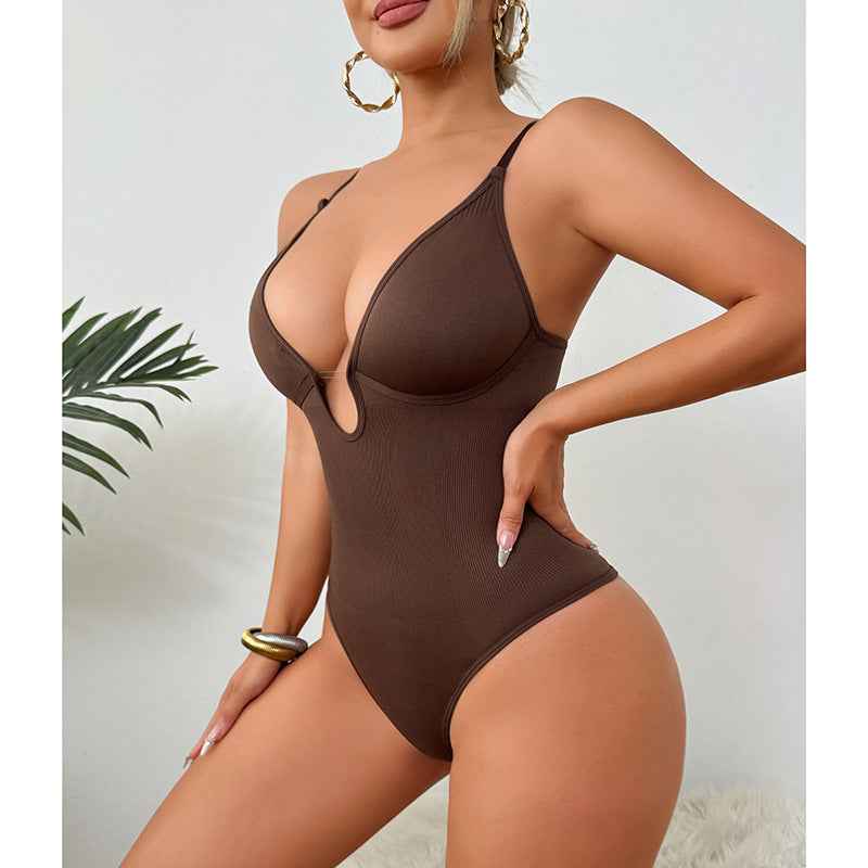Deep V-Neck Thong Bodysuit - Tummy Control Shapewear