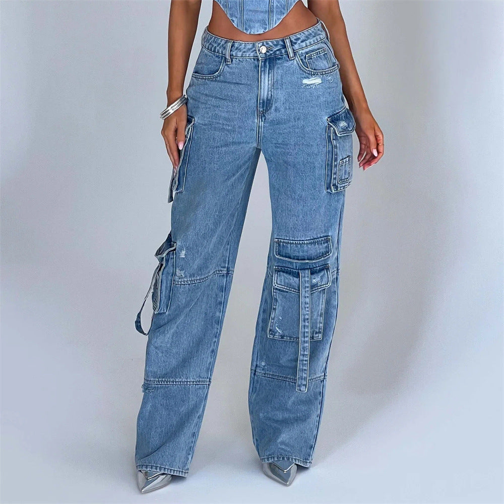Low Waist Three-dimensional Tube Top and Pocket Stitching Cargo Jeans