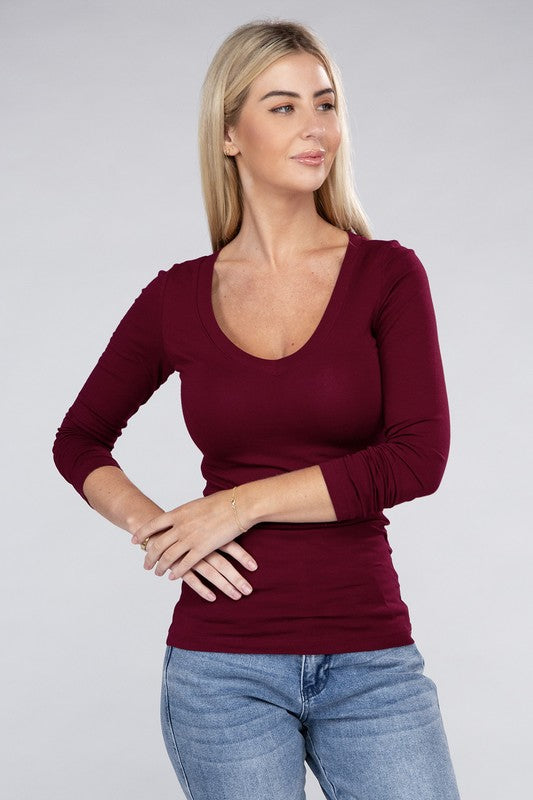 Fitted Essential V-Neck Long Sleeve T-Shirt