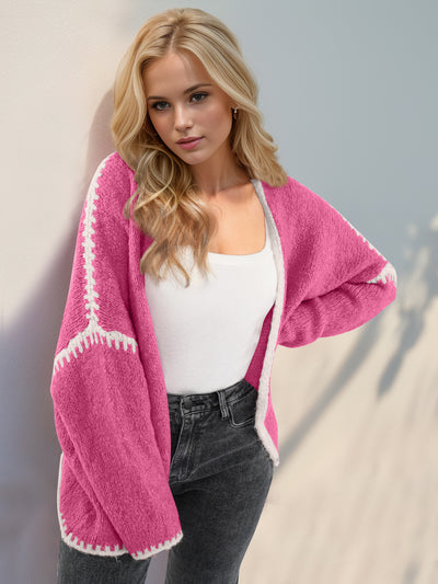 Double Take Contrast Open Front Dropped Shoulder Cardigan - Fashions Envy