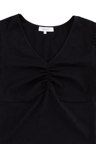 Shirred V-Neck Short Puff Sleeve Top