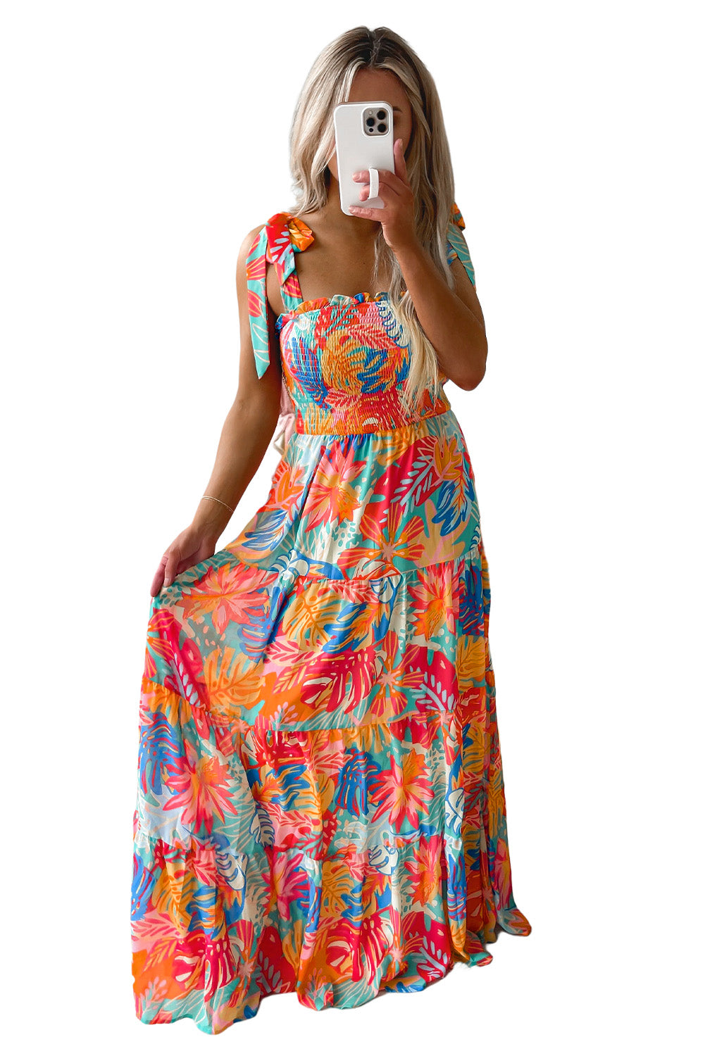 Smocked Ruffle Tiered Maxi Dress - Vibrant Tropical Print