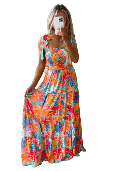 Smocked Ruffle Tiered Maxi Dress - Vibrant Tropical Print
