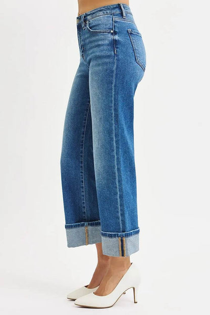 RISEN Full Size Mid Rise Crop Straight Cuffed Jeans Plus Size - Fashions Envy