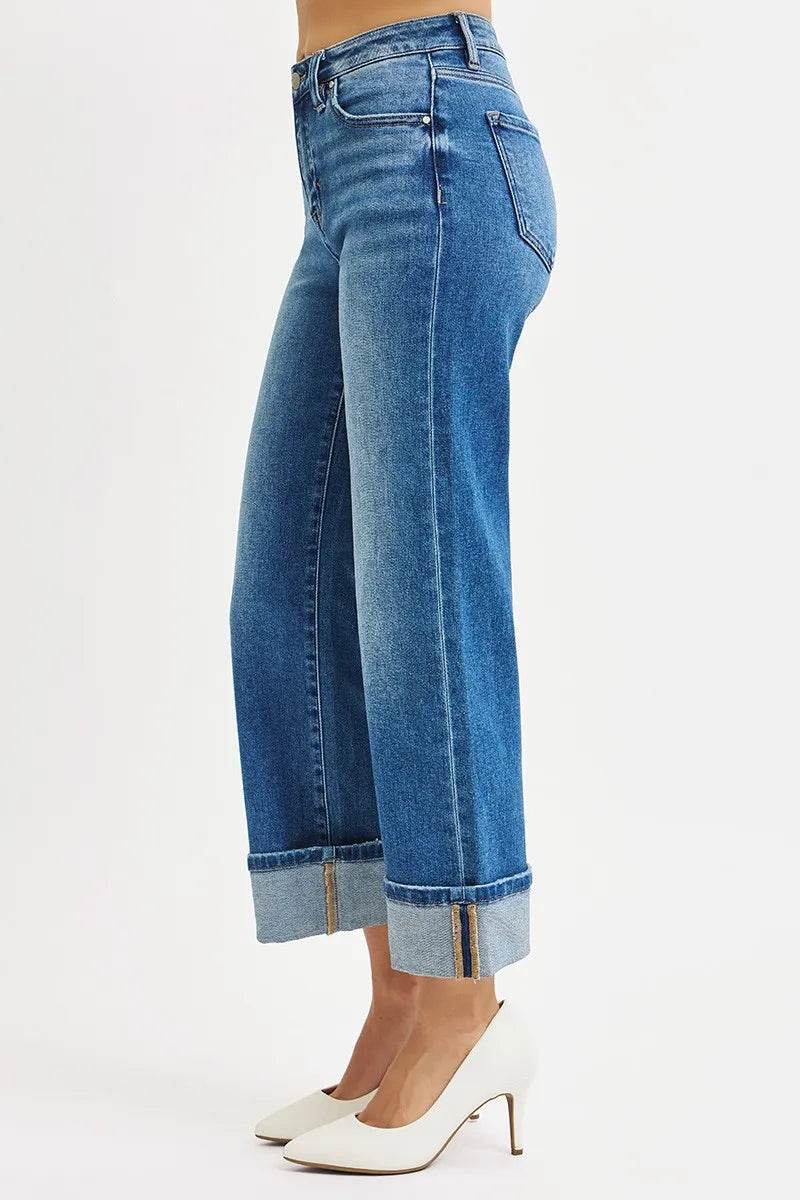 RISEN Full Size Mid Rise Crop Straight Cuffed Jeans Plus Size - Fashions Envy