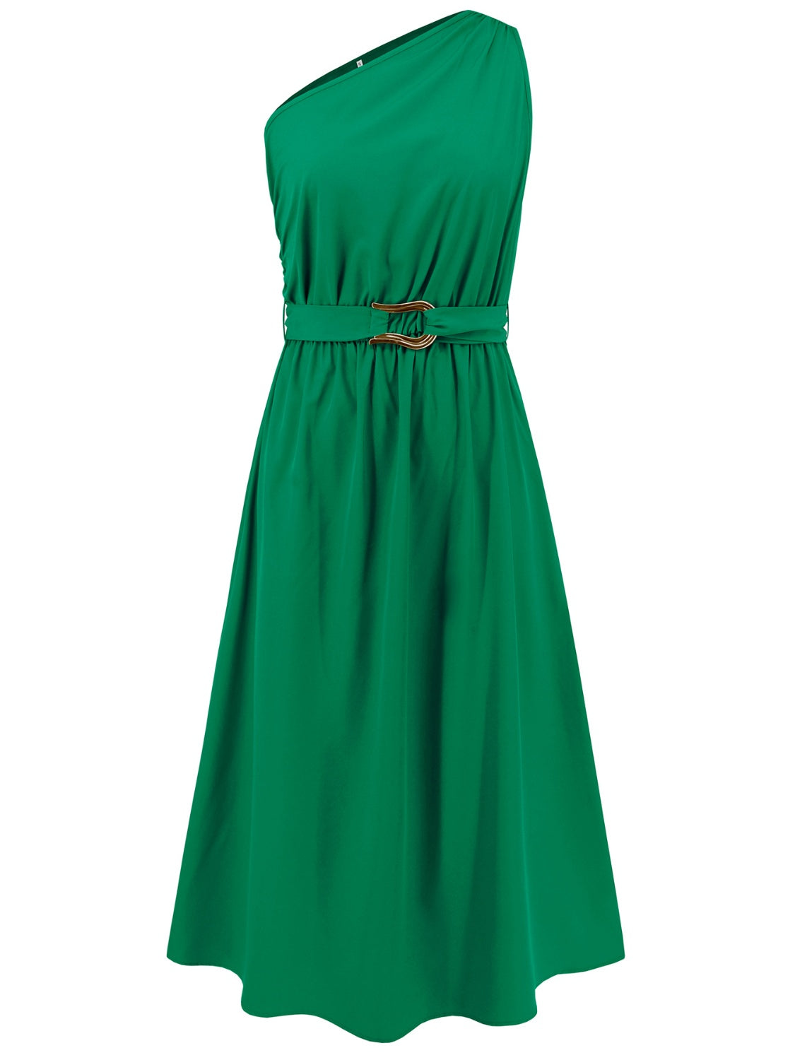 Ruched Single Shoulder Belted Midi Dress