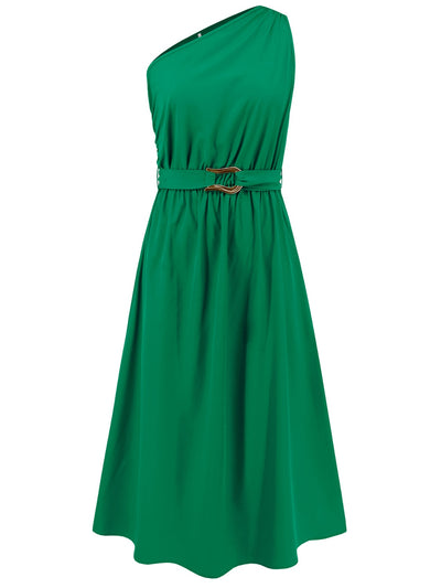 Ruched Single Shoulder Belted Midi Dress