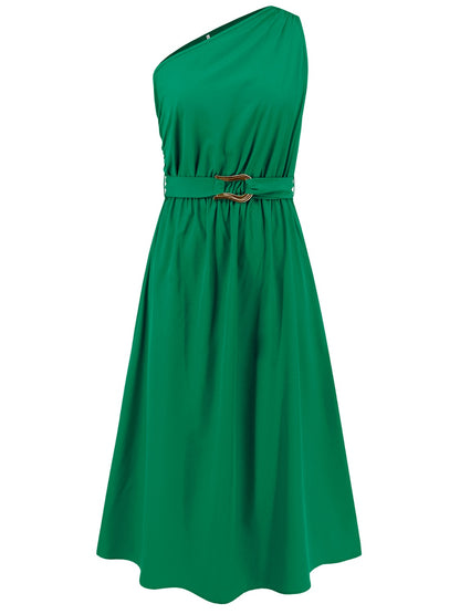 Ruched Single Shoulder Belted Midi Dress