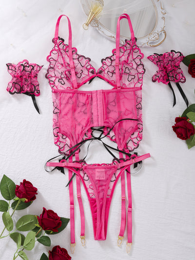 Love Embroidered Garter Set - 3PC Lace-Up Lingerie