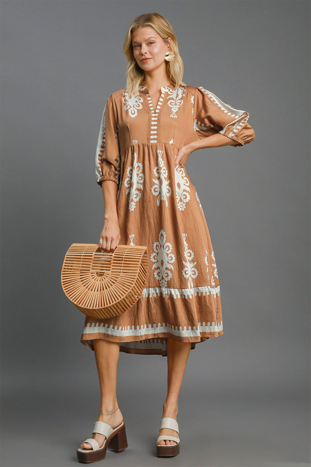 Mocha Full Size Printed Notched Midi Dress