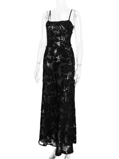 Black Maxi Dress - Lace Spaghetti Strap Gown