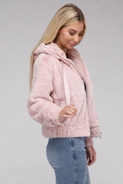 Fluffy Zip-Up Drawstring Teddy Hoodie