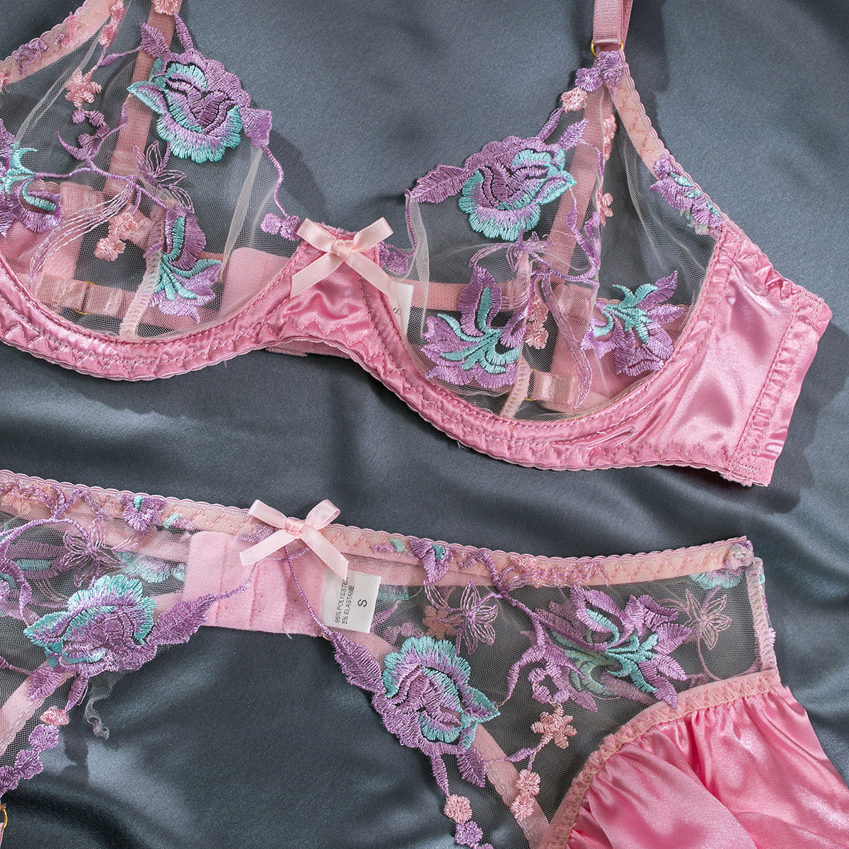 Floral Embroidered Garter Set - Contrast Color Intimate Wear