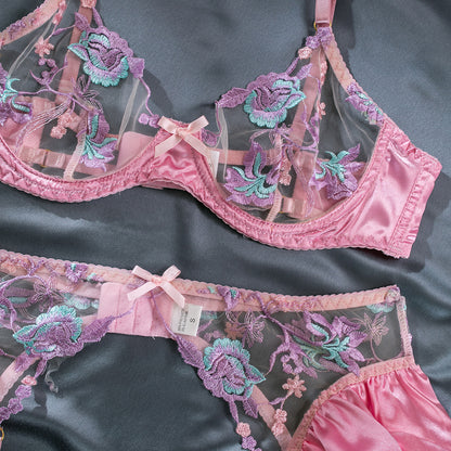 Floral Embroidered Garter Set - Contrast Color Intimate Wear