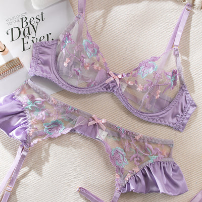 Floral Embroidered Garter Set - Contrast Color Intimate Wear
