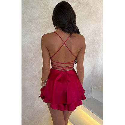 Suspender Mini Dress - Satin Backless A-Line Dress