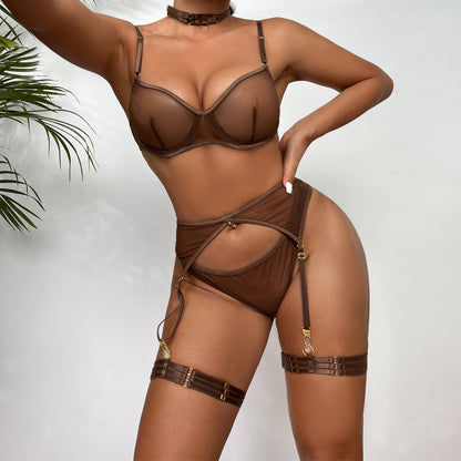 Mesh Garter Set - 4PC Intimate Set with Choker Collar