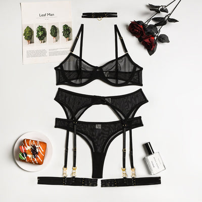 Mesh Garter Set - 4PC Intimate Set with Choker Collar