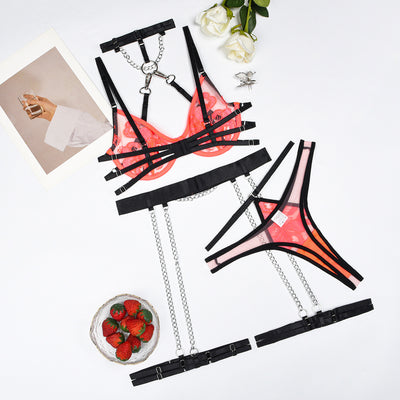 Embroidered Mesh Lingerie Set - 5PC Detachable Contrast Color