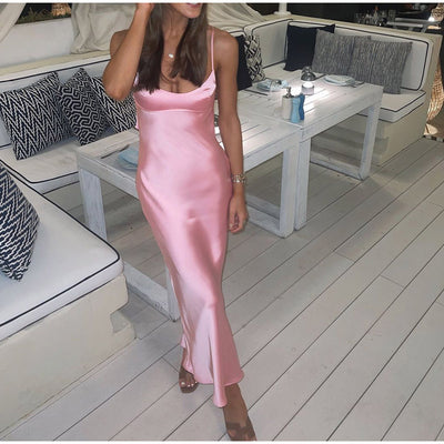Pink Satin Slip Maxi Dress - Backless Square Neck