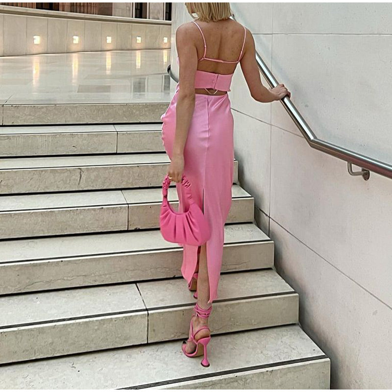 Pink Satin Slip Maxi Dress - Backless Square Neck