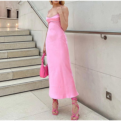 Pink Satin Slip Maxi Dress - Backless Square Neck
